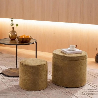 TiramisuBest Chenille Storage Ottoman 2 Piece Set 2 in 1 Round Ottoman Storage Bench Drum Stool Hidden Storage Bench Living Room