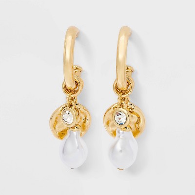 SUGARFIX by BaubleBar Pearl Charm Hoop Earrings - Gold: Zinc Statement Jewelry, 0.875" Length, 1" Width, Post Closure