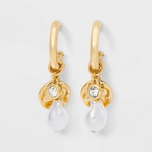 SUGARFIX by BaubleBar Pearl Charm Hoop Earrings - Gold: Zinc Statement Jewelry, 0.875" Length, 1" Width, Post Closure - 1 of 2