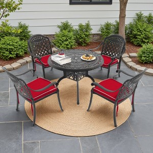 5-Piece Cast Aluminum Outdoor Dining Set: Round Table, Stackable Chairs & Red Cushions - All-Weather Patio Furniture for Your Backyard - 1 of 4