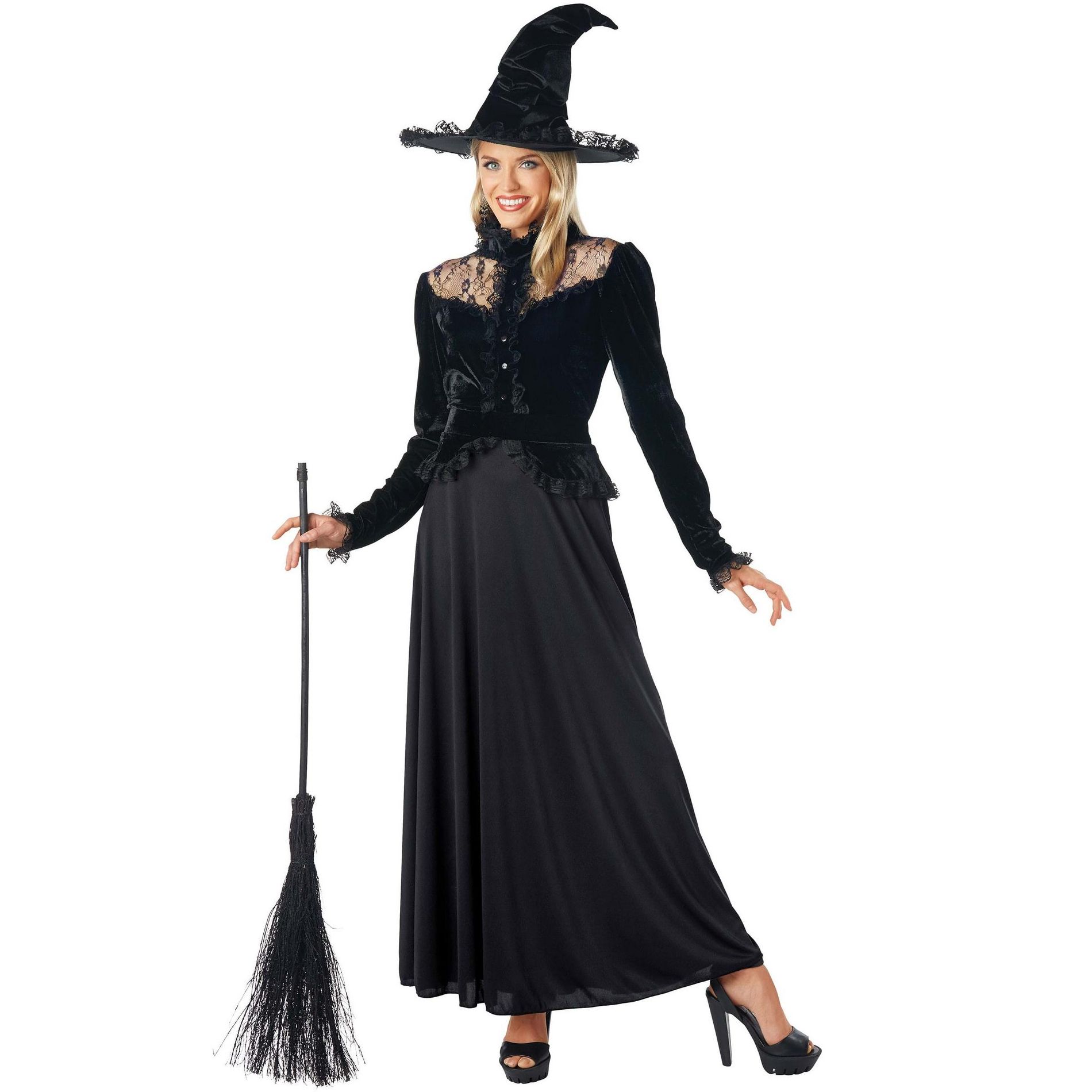 HalloweenCostumes.com Women's Black Witch Costume Dress with Lace Details & Velvet Hat | Classic Witch Outfit for Adults