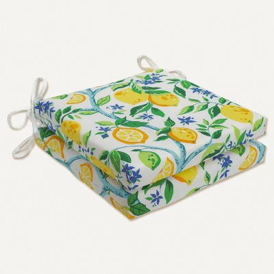 2pk Outdoor/Indoor Squared Corners Seat Cushion Set Lemon Tree Yellow - Pillow Perfect: Weather-Resistant with Ties