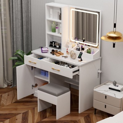 Okak 32IN Makeup Vanity with Large Storage Space, Vanity Desk with Cushioned Stool and Mirror, Compact Vanity for Bedroom, Studio, White