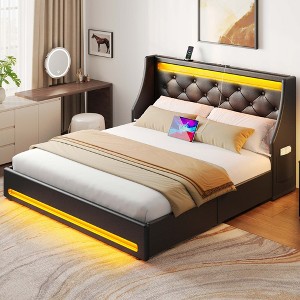 Greenstell  Bed Frame with Upholstered Storage Headboard & Drawers and Charging Station & LED Light - 1 of 4
