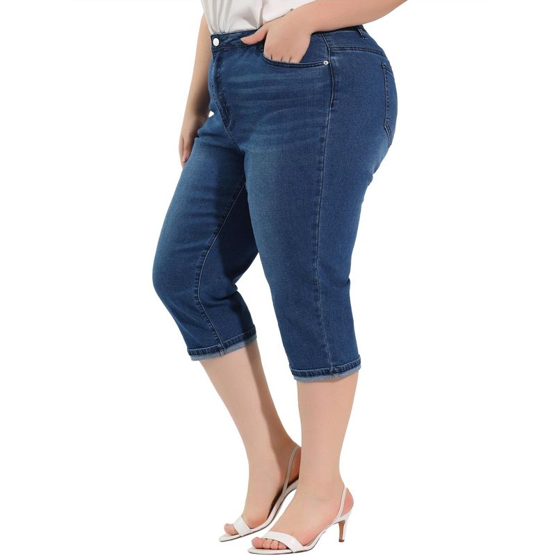 Agnes Orinda Women's Plus Size Jeans Zipper Back Yoke Stretch Roll Up Cuff Denim Pants, 2 of 7