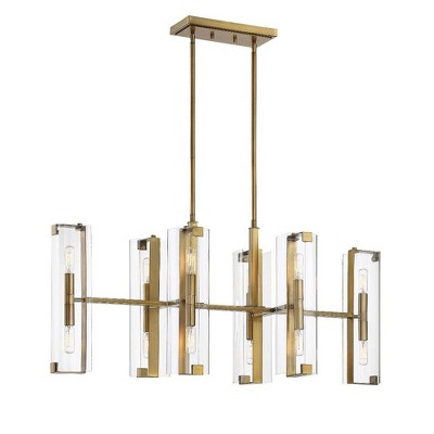 Warm Brass 12-Light Linear Chandelier with Clear Glass Shades