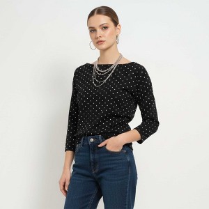 Cherie Code Women’s Polka‑Dot Long‑Sleeve Tee – Navy Dot Print Scoop Neck Casual Top - 1 of 4