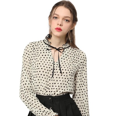 Allegra K Women's Bow Tie Neck Ruffled Collar Printed Long Sleeve Vintage Blouse