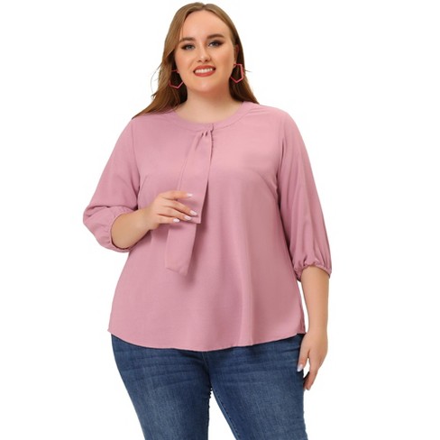 Agnes Orinda Women's Plus Size 3/4 Sleeves Round Neck Ruffle Chiffon Work  Blouse Pink Purple 4X