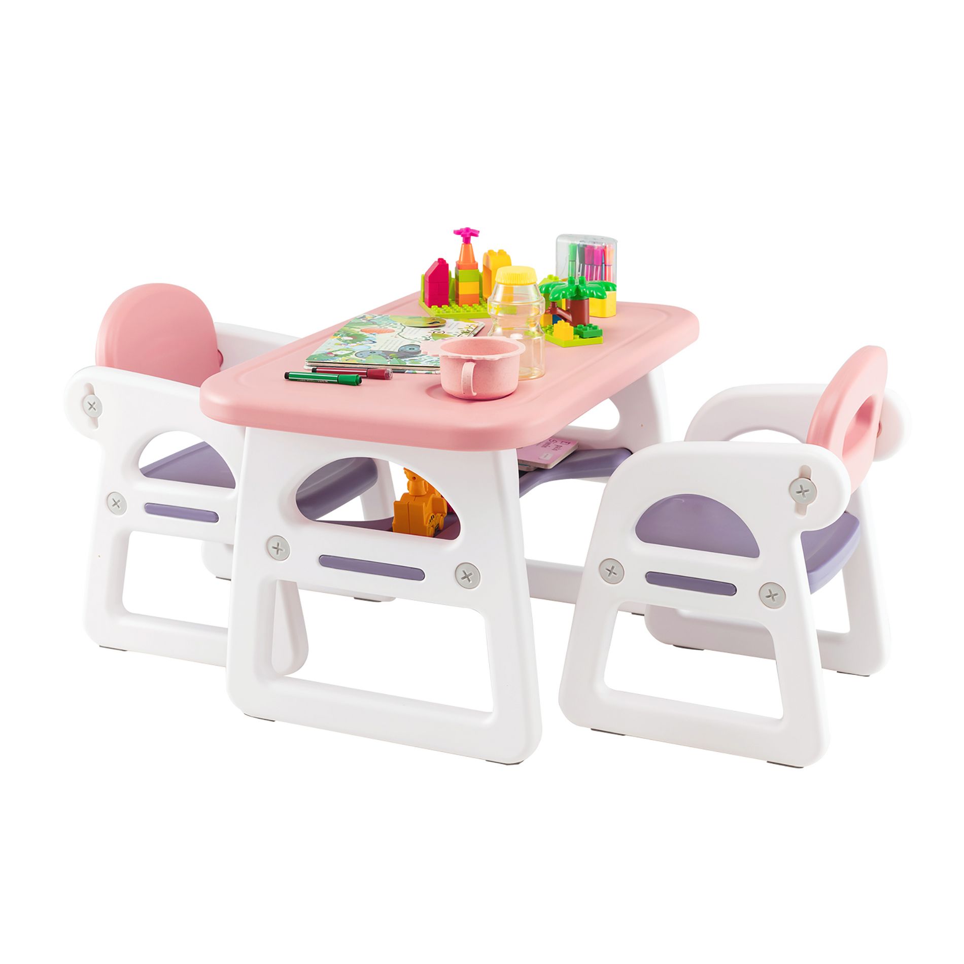 Costway 3-Piece Kids Table and Chair Set Toddler Activity Study Desk with Building Blocks Pink