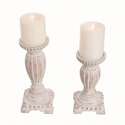 Transpac Resin White Harvest Wash Pillar Candle Holder Set of 2