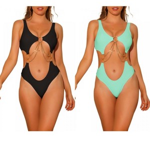 INSPIRE CHIC Women's Gold Chain V Neck Cut Out Solid Color Monokini Swimwear Bathing Suit 2 Set - 1 of 4
