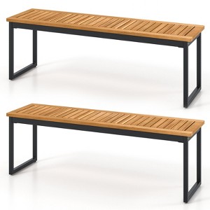 Tangkula Patio Dining Bench Set of 2, 2-3-person Backless Bench with Slatted Seat & Metal Legs Outdoor Bench for Entryway Garden Poolside Natural - 1 of 4
