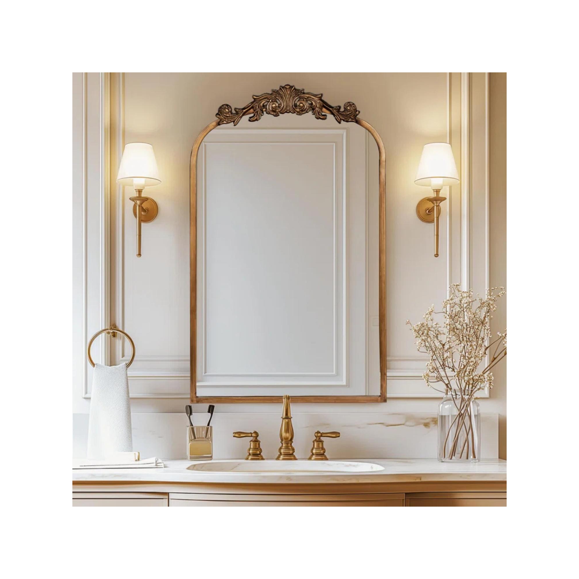 24"x36" Gold Vintage Wall Mirror with Ornate Baroque Frame - Arched Antique Design for Elegant Decoration