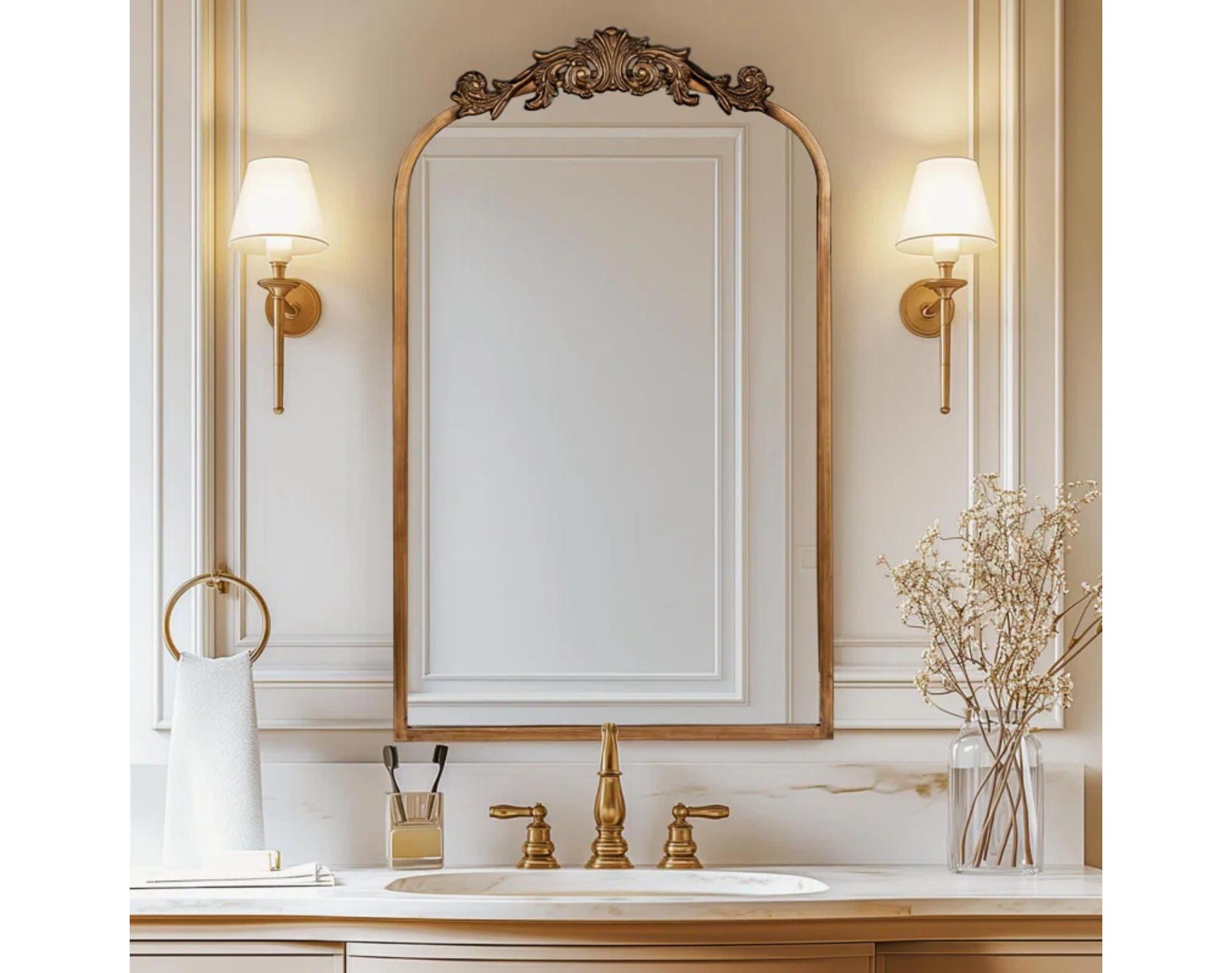 24"x36" Gold Vintage Wall Mirror with Ornate Baroque Frame - Arched Antique Design for Elegant Decoration