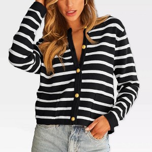 Womens Cardigan Sweaters Front Button Stripes Cardigan At Waist Long Sleeve Casual Sweater Jackets Soft Open Front Cardigan - 1 of 4
