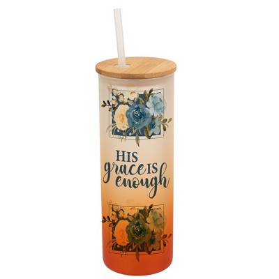 Elanze Designs His Grace Is Enough Faith Floral Frame Wrap-Around Design 25 Ounce Frosted Gradient Glass On-The-Go Coffee Travel Skinny Tumbler Mug