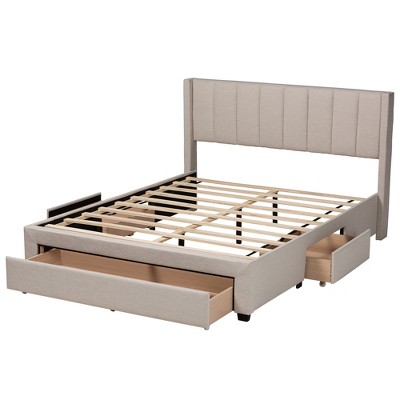 Beige Upholstered Full Wingback Bed with 3 Storage Drawers