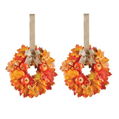 Collections Etc Artificial Fall Mini Wreaths - Set of 2 with Touch Closure Hangers