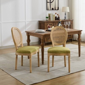 French Country Rattan Back Dining Chairs Set of 2 with Linen Seat and Carved Wood Frame for Dining Room-Cuddlewood - 1 of 4