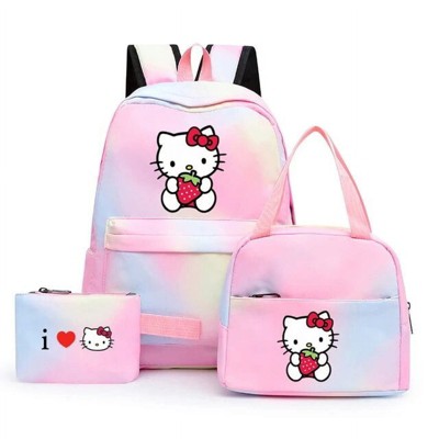 Paaaawaters Cute Cartoon Strawberry Tie-Dye Pink Blue Backpack Lunch Bag Card Pouch