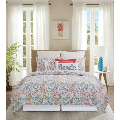Twin Pink Cotton Coastal Reversible Quilt Set