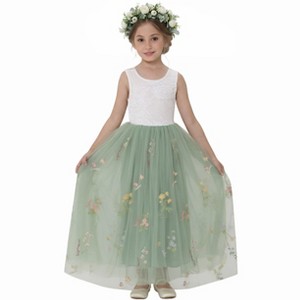 2Bunnies Girls 3-8Y Floral Embroidered Tulle Lace Sleeveless Maxi Flower Girl Dress - 1 of 4