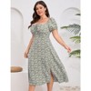 Coolmee Women's Summer Floral Plus Size Dress Square Neck Puff Sleeve Boho Maxi Dresses Tie Front High Waist Split Long Dress - 4 of 4