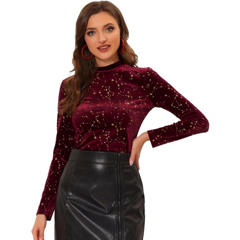 Allegra K Women's Velvet Round Neck Long Sleeve Stand Collar Metallic Stars  Tops Burgundy Medium : Target