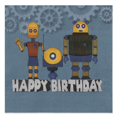 Blue Panda 150-Pack Disposable Paper Napkins Happy Birthday Party Supplies, Robot 6.5"x6.5", Navy