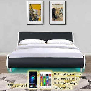Queen Bed Frame Curve Design Faux Leather Upholstered Platform Bed Easy Assembly Bed Frame With LED Lighting Remote Control Platform Bed - 1 of 4