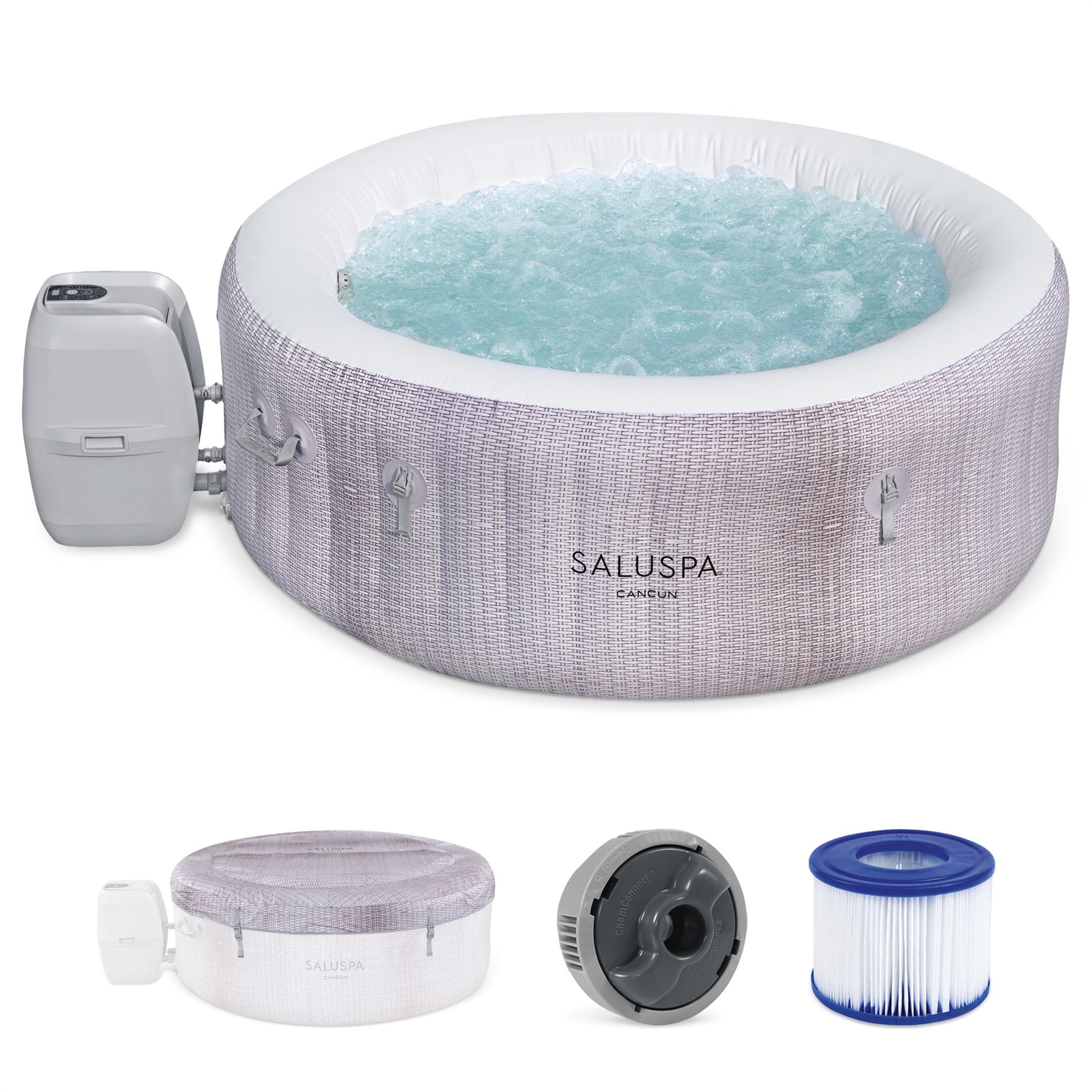 Bestway SaluSpa Cancun AirJet 2 to 4 Person Inflatable Hot Tub, 71 x 26 Inch Round Portable Outdoor Spa with 120 Soothing Jets and Cover, Gray