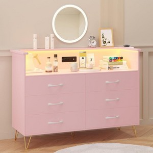 Dresser for Bedroom with LED Light & Charging Station, 6 Drawers Wooden Dressers with Open Space, Modern Chest of Double Wide Drawers - 1 of 4