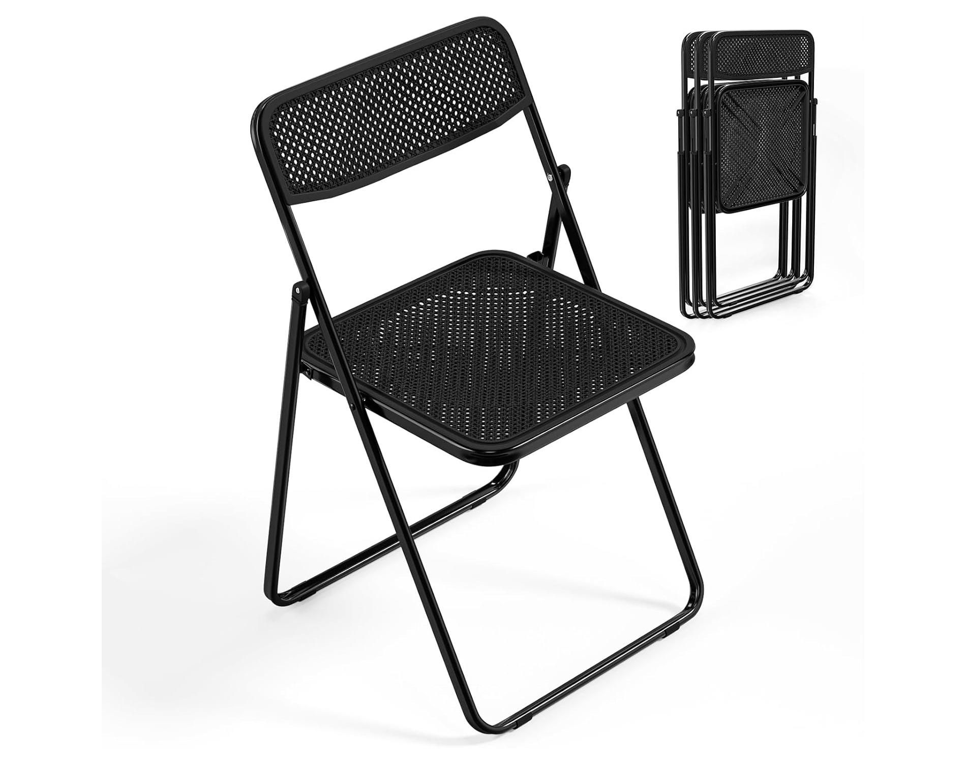 VINGLI Folding Chair Modern Iron Frame Accent with Woven Texture Panel, Space-Saving Design,(Black, 4 Pack)