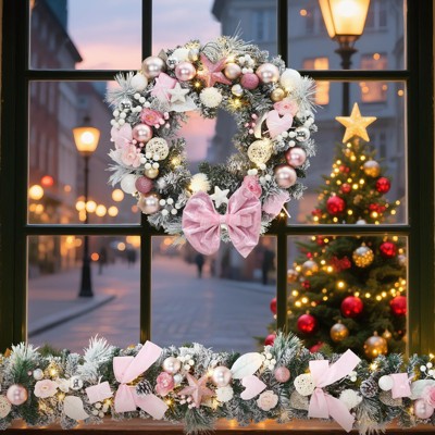 24 Inch Wreath with Pink Bow Artificial Frosted Pine Needles Christmas Decorations with LED Lights, Holiday Accent Pink