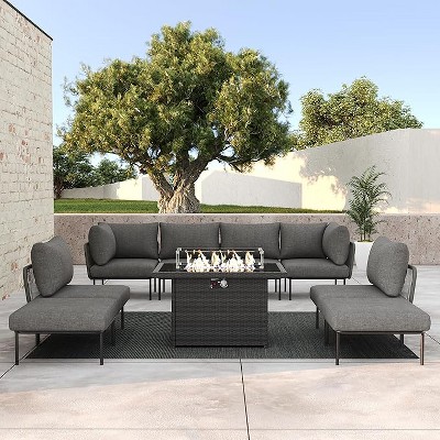 LayinSun 9 Pieces Rope Woven Patio Furniture Set, Modern Modular Sectional Sofa with Fire Pit Table and Upgrade Thickness Cushion