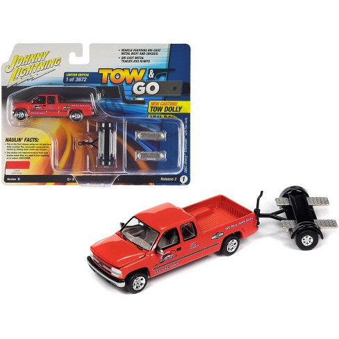 2002 Chevrolet Silverado Pickup Truck Red and Tow Dolly Black Ltd Ed to  3672 pcs 1/64 Diecast Model Car by Johnny Lightning