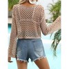 Women's Knit Top Round Neck Long Sleeve Short Crop Shirt Mesh Crochet Cover Ups - 2 of 4