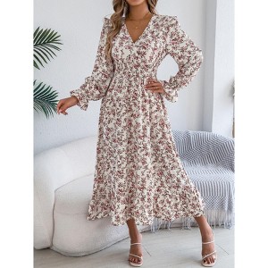 Women's Summer Fall lantern Long Sleeve Smocked Waist Floral Maxi Boho Dress Wrap V Neck Ruffle Hem Long Dress - 1 of 4