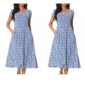 Seta T Women's Casual Floral Crew Neck Cap Sleeve Boho Flowy Midi Dress with Pockets 2 Packs - 1 of 4