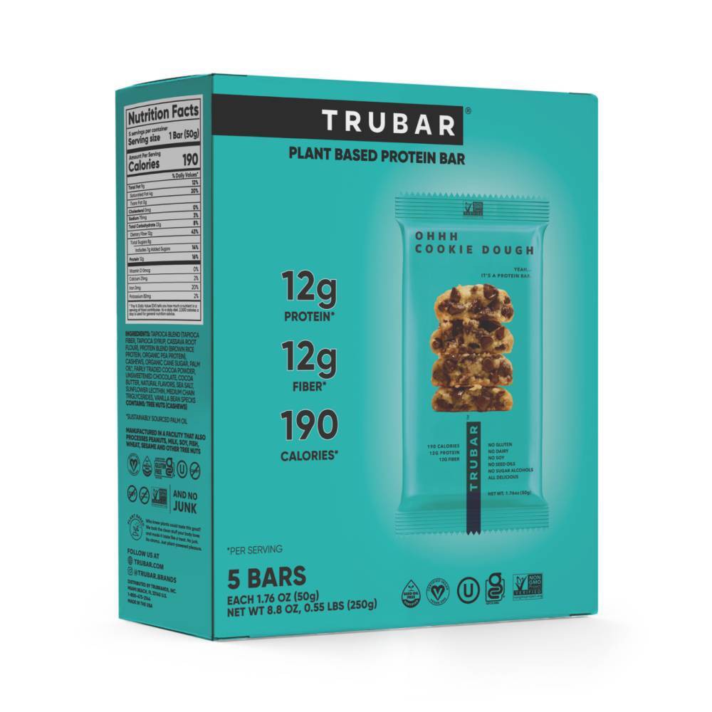 TRUBAR 12g Plant Based Protein Bars - OHHH Cookie Dough - 5ct: Chewy, Ready to Eat, 8.8 oz