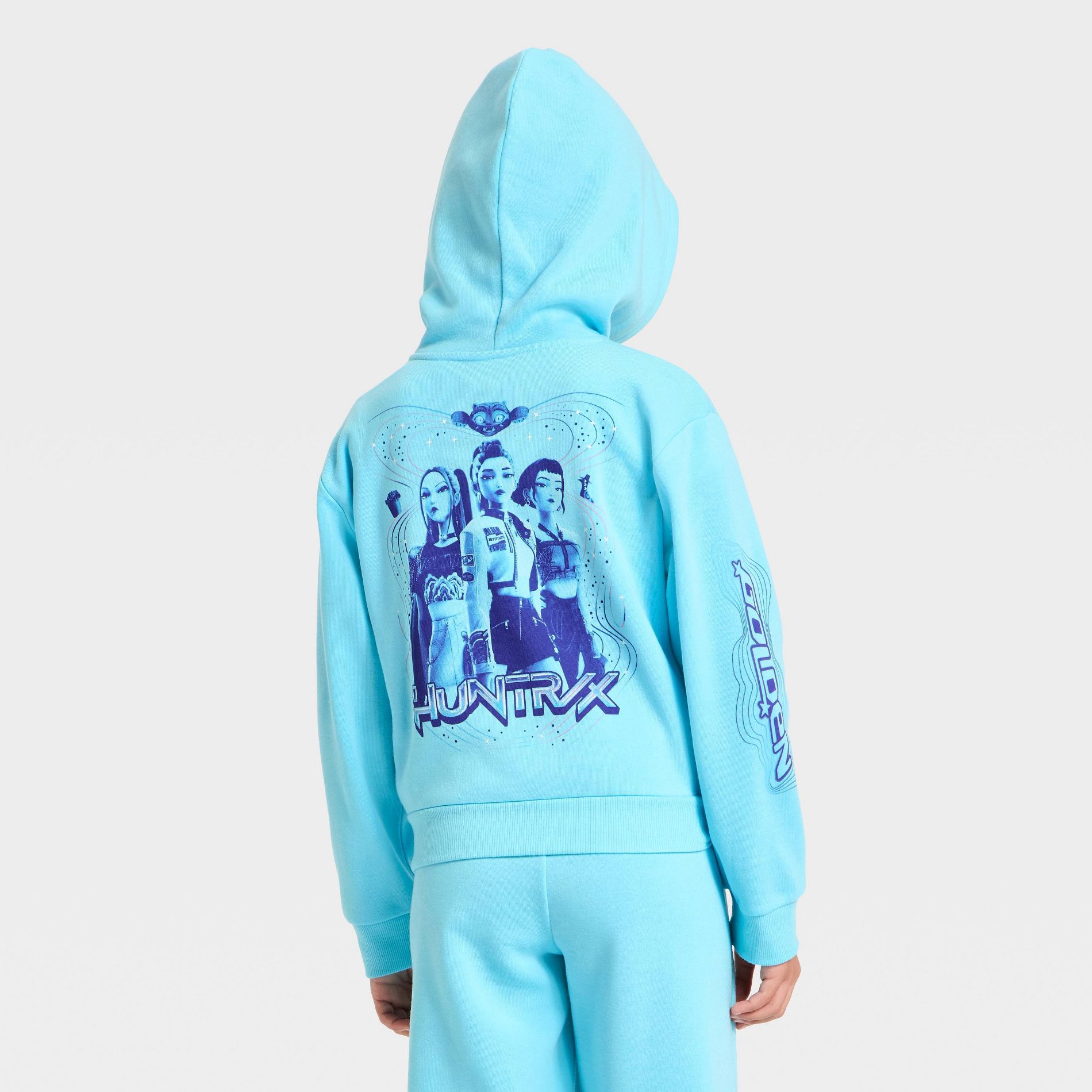 Girls' KPop Demon Hunters Huntrix Golden Hooded Front and Back Graphic Pullover Sweatshirt - Blue