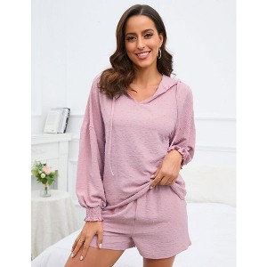 2 Piece Lounge Sets for Women V Neck Lantern Long Sleeve Hooded Top and Drawstring Shorts Sweatsuit Outfits - 1 of 4