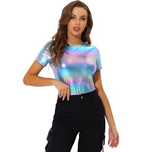 INSPIRE CHIC Women's Clubwear Short Sleeve Shiny Metallic Blouse - 1 of 4