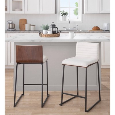 Set of 2 Cream and Walnut Swivel Counter Stools with Black Metal Base