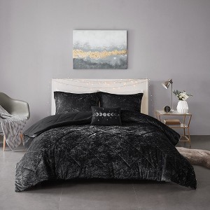 4 Pcs Stylish Velvet Comforter Set, All Season Home Textile for Modern Bedroom Decor, Black, Full/Queen - 1 of 4