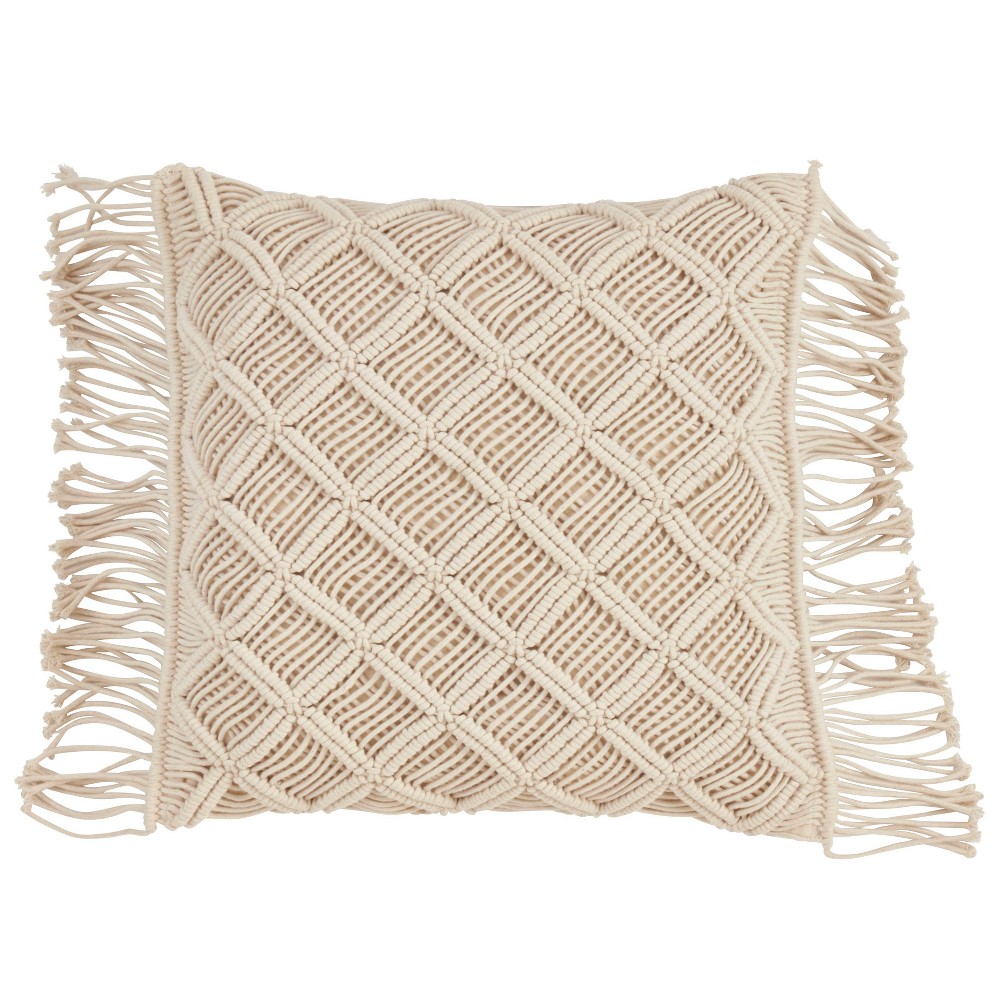 Photos - Pillow 18"x18" Macramé Print Down Filled Square Throw  Natural - Saro Lifes