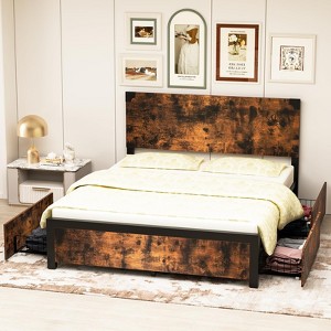 Full Bed Frame with 4 Drawers, Full Size Bed Frame with Storage, Full Metal Platform Bed Frame with Wood Headboard, Noise Free, No Box Spring Needed - 1 of 4