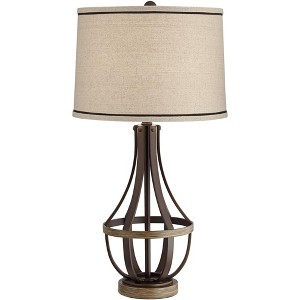 Franklin Iron Works Louanne Industrial Table Lamp 29" Tall Oil Rubbed Bronze Metal Burlap Linen Drum Shade for BBedroom Living Room Bedside Nightstand - 1 of 4