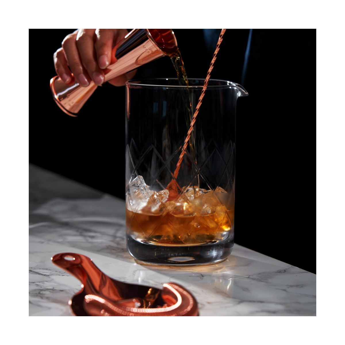 Viski 4-Piece Bartender Kit for Craft Cocktails, Coffee & Dessert Cocktails, Bar Essentials, Mixing Glass, Strainer, Double Jigger & Barspoon, Copper - thumbnail 8